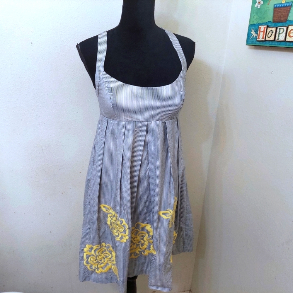 INC Halter Sundress Black White Striped. Embroidered Yellow Flower's Size 6